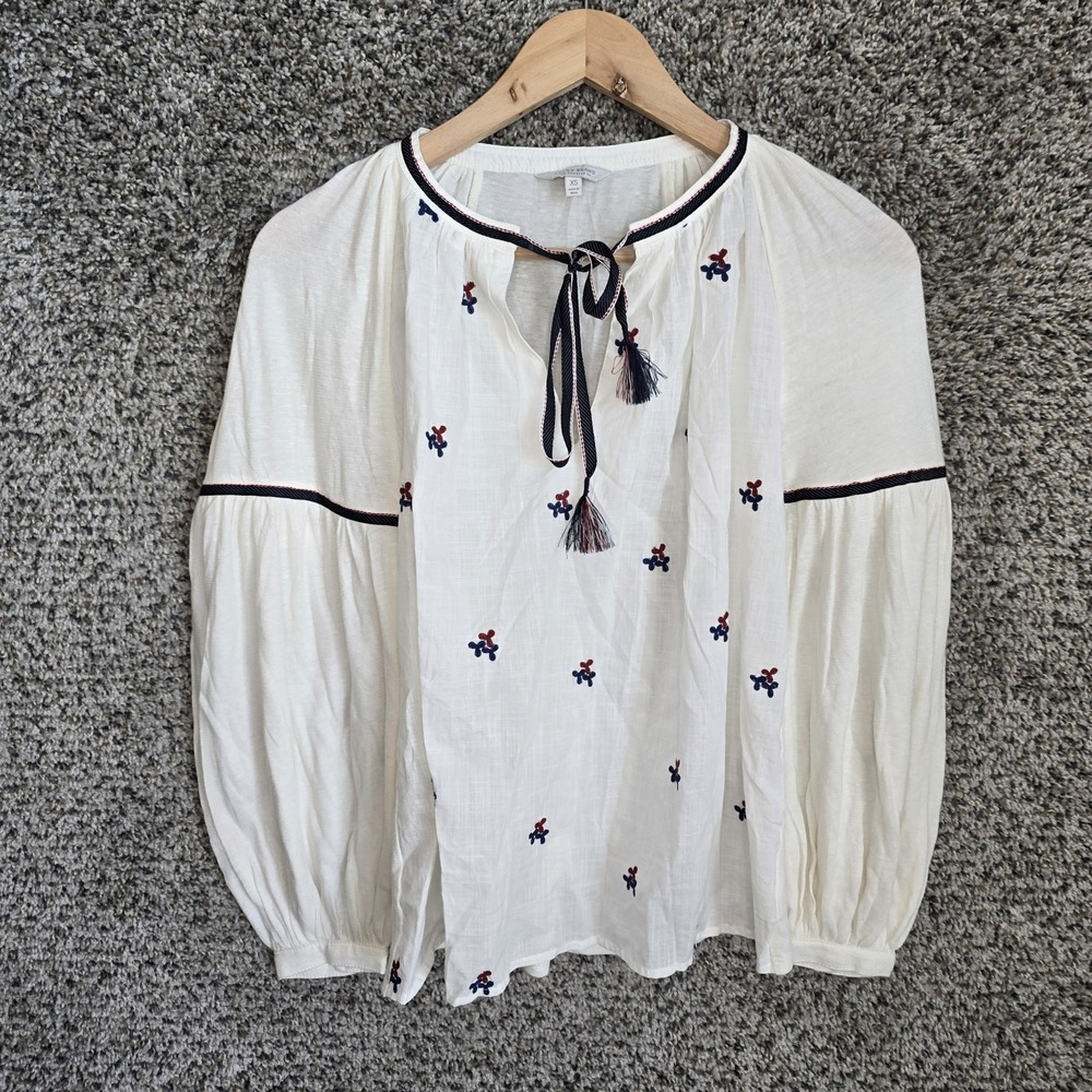Lucky Brand Top Womens XS White Boho Embroidered Oversized V Neck Blouse Tassels